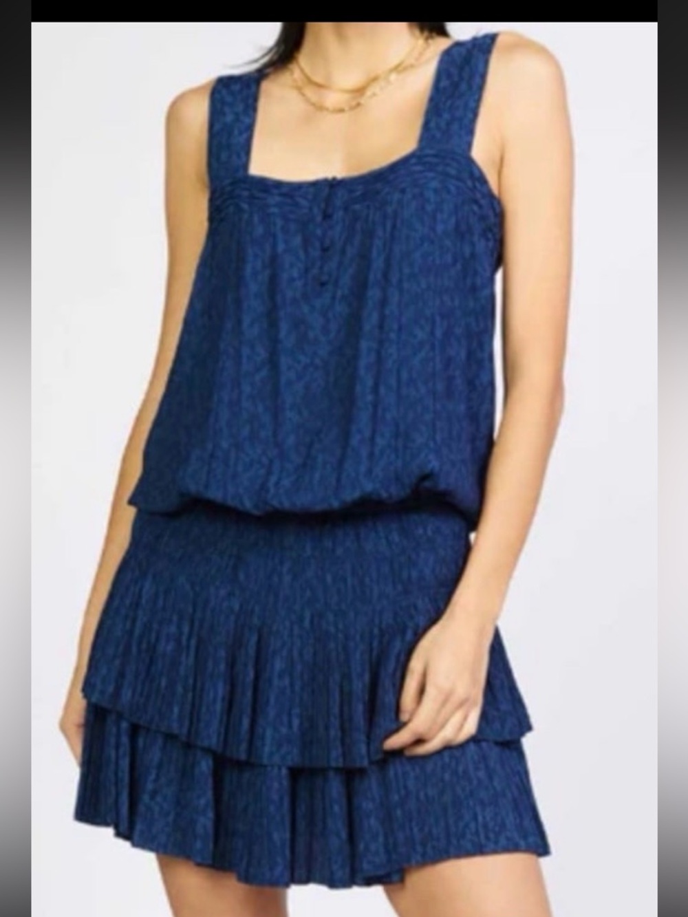 Sleeveless Square Button Neck Elastic Waist Tiered Mini Dress w Smocking in EUC
